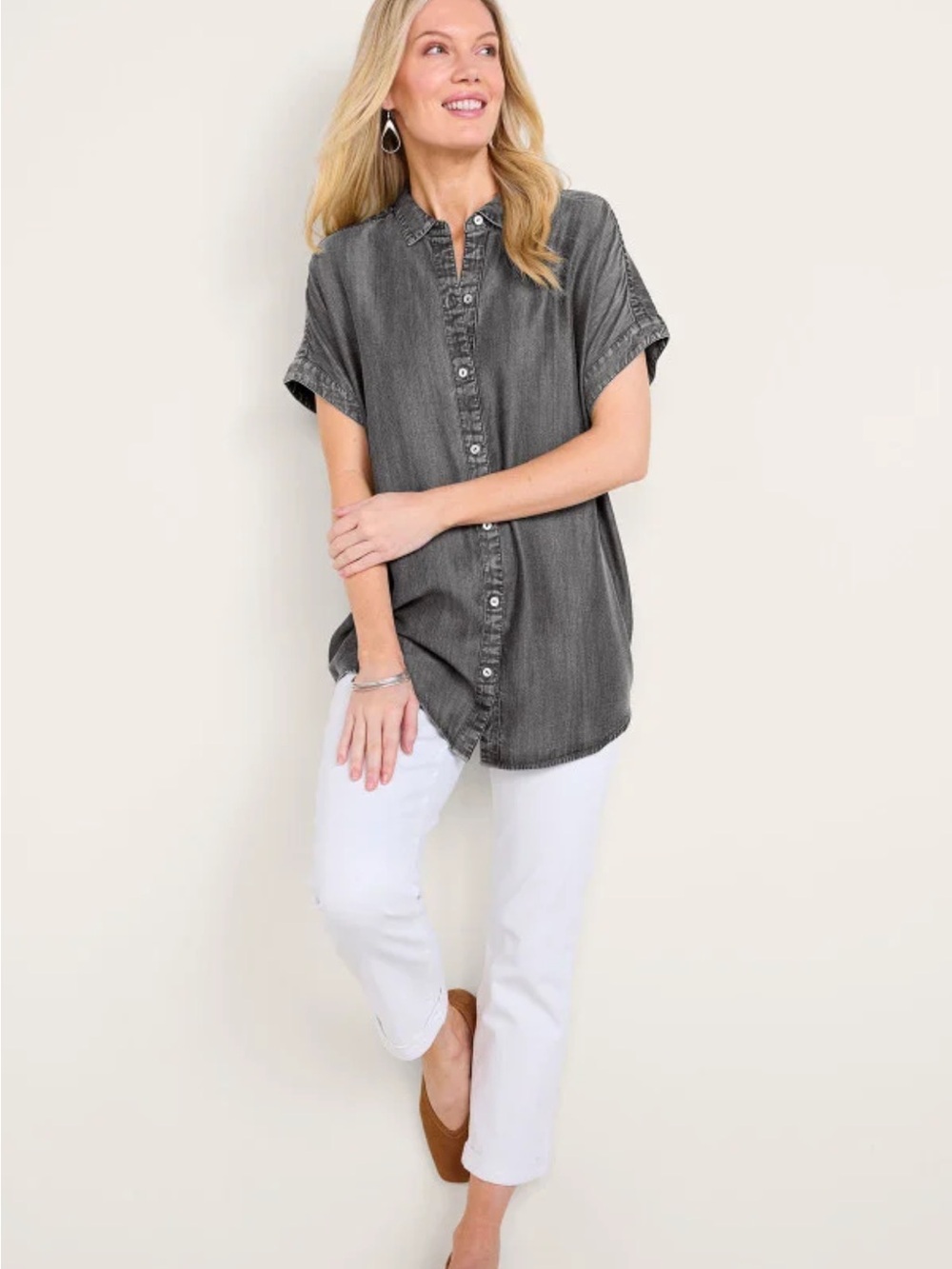 Soft Surroundings Je Veux TENCEL Short-Sleeve Button Front Tunic- Charcoal